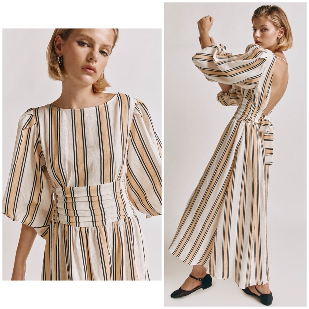 NWT VRG GRL Tularosa Linen Midi Dress Apricot Spritz Stripe Yellow/Black - Picture 2 of 16